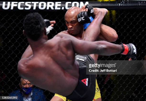 Uriah Hall of Jamaica kicks Anderson Silva of Brazil in a middleweight bout during the UFC Fight Night event at UFC APEX on October 31, 2020 in Las...