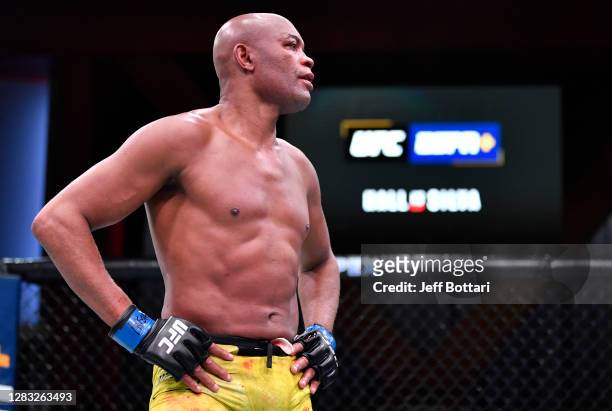 Anderson Silva of Brazil reacts after his loss to Uriah Hall in a middleweight bout during the UFC Fight Night event at UFC APEX on October 31, 2020...