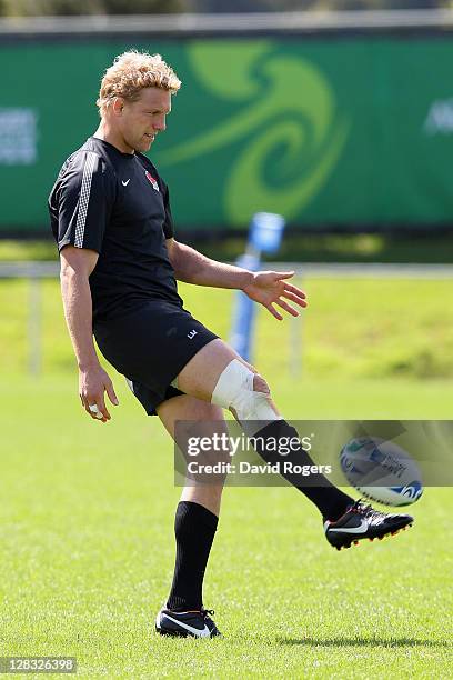 England Captain Lewis Moody kicks the ball during an England IRB Rugby World Cup 2011 Captain's Run at Onewa Domain on October 7, 2011 in Takapuna,...