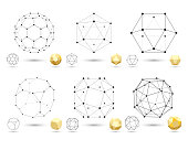Set of geometric 3D polyhedron shapes from triangular faces for graphic design. Frame volumetric gold form with edges and vertices. Geometry scientific concept isolated on white