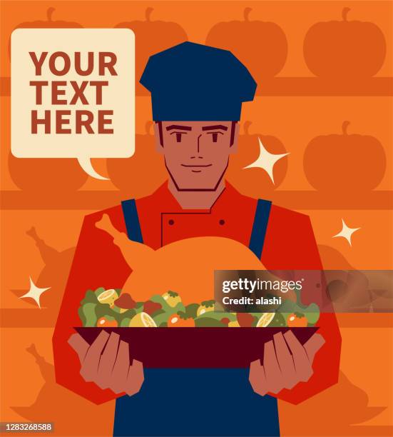smiling handsome chef serving traditional thanksgiving turkey dinner (roast chicken) - eating grilled chicken stock illustrations