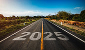 The word 2025 written on highway road in the middle of empty asphalt road