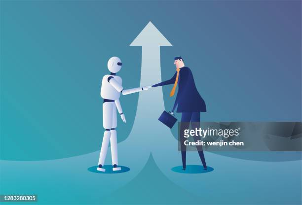 robots and humans shake hands and cooperate and develop together - abzeichen stock illustrations