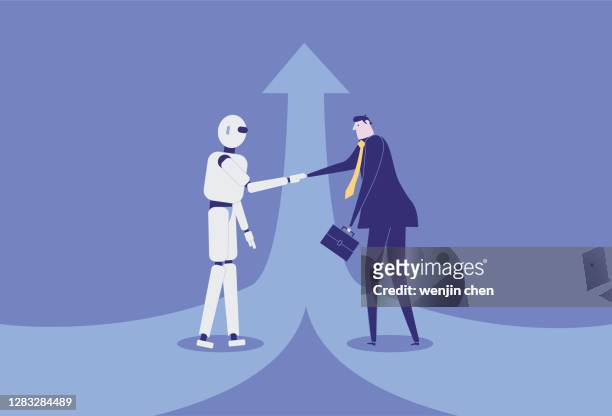 robots and humans shake hands and cooperate and develop together - abzeichen stock illustrations