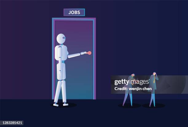 robots bring people unemployment - fired box stock illustrations