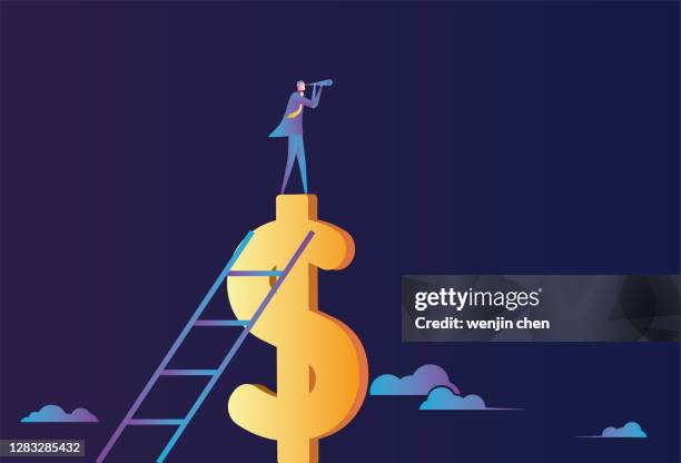 business man standing on dollars looking for target with telescope - step stool stock illustrations