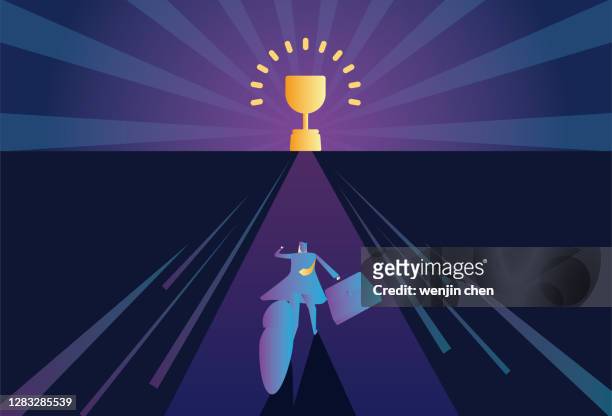 business man running towards the trophy - abzeichen stock illustrations