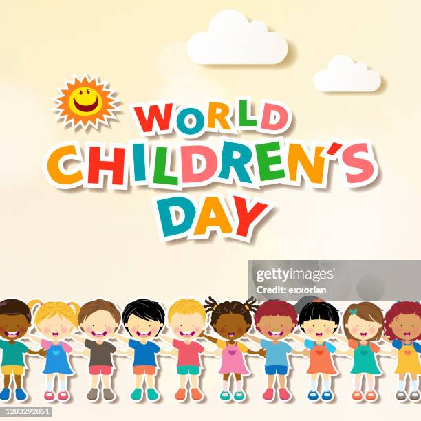 illustrazioni stock, clip art, cartoni animati e icone di tendenza di celebrare la giornata mondiale dell'bambino - giorno dei bambini