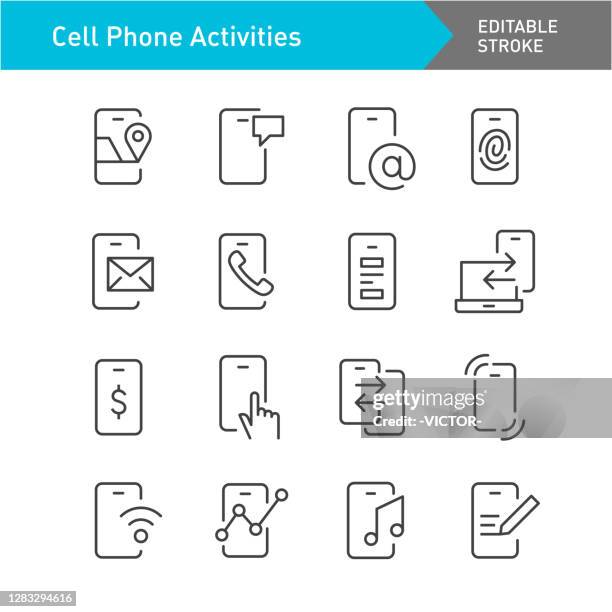 cell phone activities icons - line series - editable stroke - portability stock illustrations