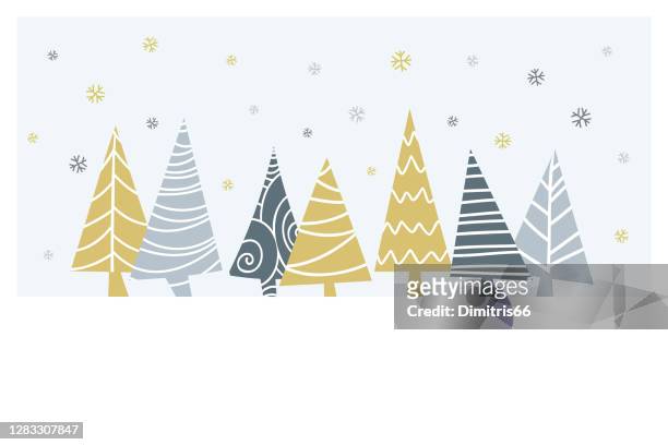 cartoon christmas tranquil scene with trees and christmas ornaments and blank space for your message. - holiday stock illustrations