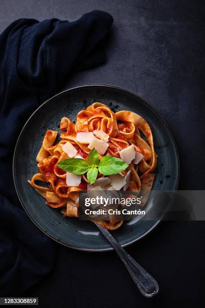 pappardelle with tomato sauce and parmesan cheese - pasta tomato basil stock pictures, royalty-free photos & images