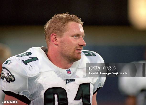 Defensive lineman Andy Harmon of the Philadelphia Eagles looks on from the sideline during a preseason game against the Pittsburgh Steelers at Three...