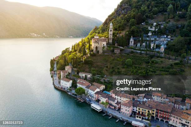 sunset in morcote (lugano) from aerial view - switzerland - lugano - fotografias e filmes do acervo