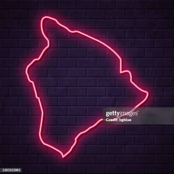 hawaii island map - glowing neon sign on brick wall background - led light wall stock illustrations