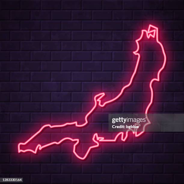 honshu map - glowing neon sign on brick wall background - japan billboard stock illustrations
