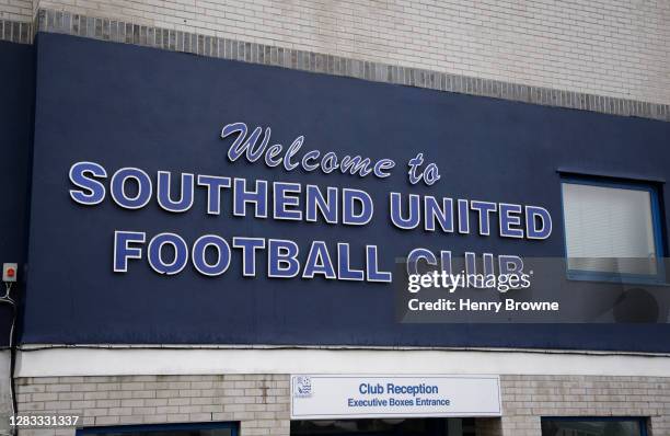 General view of Roots Hall before the Sky Bet League Two match between Southend United and Port Vale at Roots Hall on October 31, 2020 in Southend,...