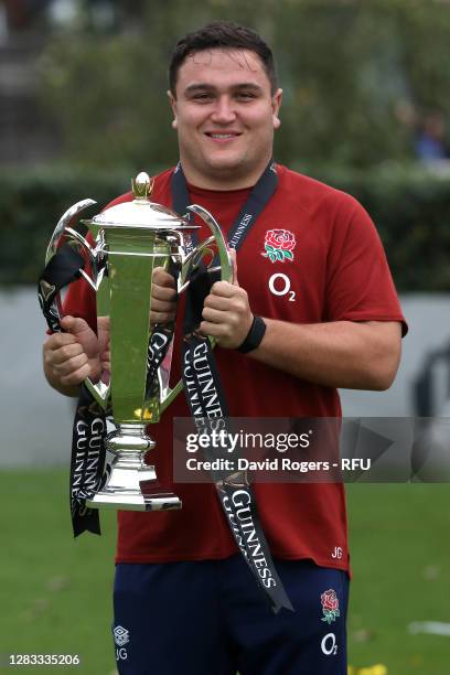 Jamie George of England poses with the Guinness Six Nations Trophy as England celebrate winning the Guinness Six Nations during a presentation at The...