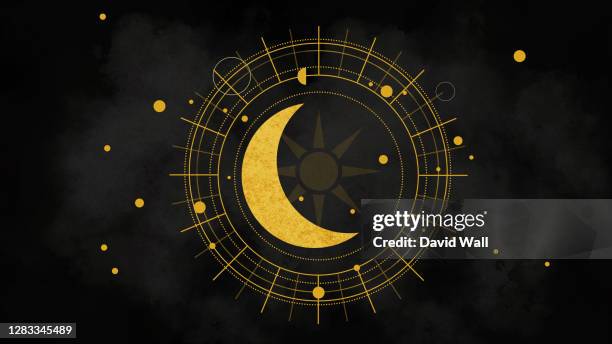 the sun, moon and stars with a magical and astrological design. with a gold, vintage edit. - tarot cards stock pictures, royalty-free photos & images