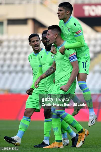 Sergej Milinkovic Savic of SS Lazio celebrate a second goal with his team mates during the Serie A match between Torino FC and SS Lazio at Stadio...