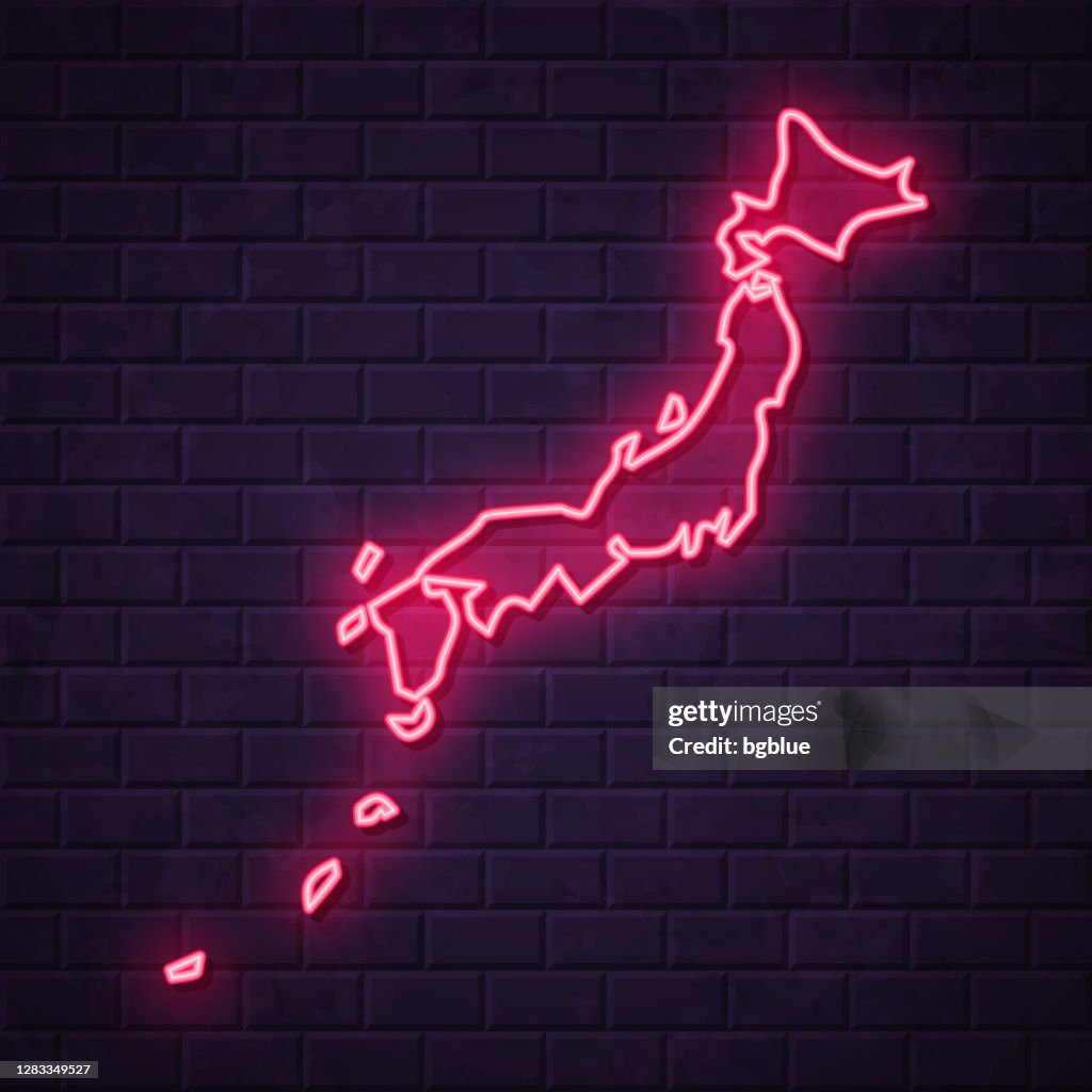 Japan map - Glowing neon sign on brick wall background