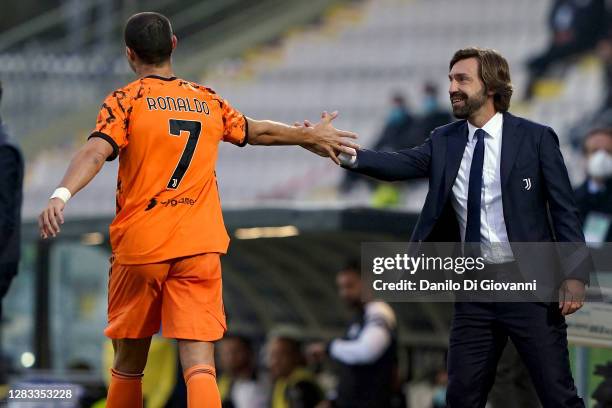 Cristiano Ronaldo of Juventus FC celebrate after scoring a goal with Andrea Pirlo head coach of Juventus FC during the Serie A match between Spezia...