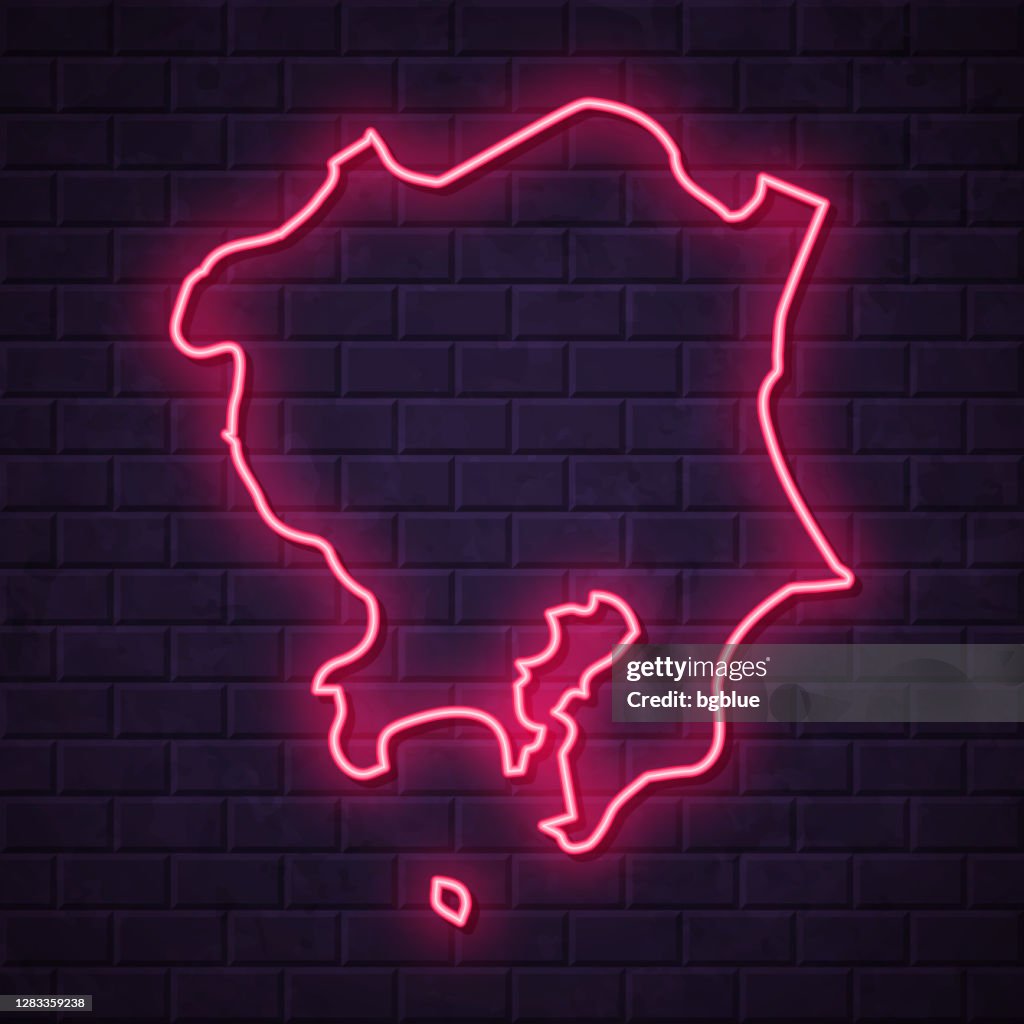 Kanto kaart - Gloeiend neonteken op bakstenen muurachtergrond