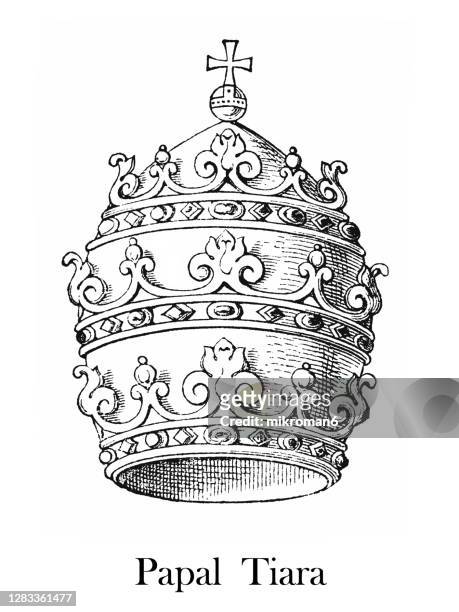antique engraving illustration of papal tiara - papal tiara stock-fotos und bilder