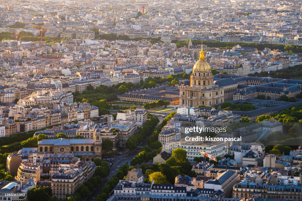 Aerial View of Paris with the Dome of Invalides during day . France .