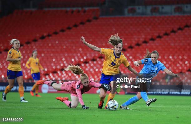 Georgia Stanway of Manchester City is challenged by Sandy MacIver of Everton during the Vitality Women's FA Cup Final match between Everton Women and...
