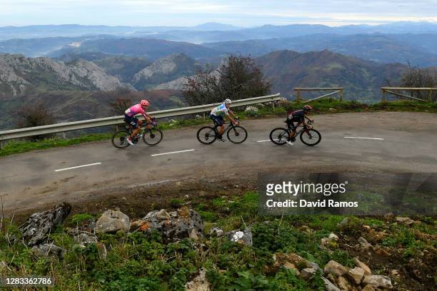 Hugh Carthy of The United Kingdom and Team EF Pro Cycling / Richard Carapaz of Ecuador and Team INEOS - Grenadiers / Enric Mas Nicolau of Spain and...