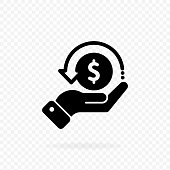 Cashback icon, logo. Hand hold coin. Money, dollar coin icon in black. Finance sign. Business icon. Money sign. Invest finance. Vector EPS 10