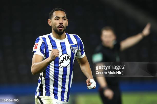 Matheus Cunha of Hertha BSC celebrates after scoring his team's first goal during the Bundesliga match between Hertha BSC and VfL Wolfsburg at...