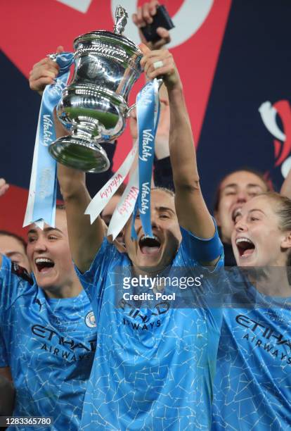 Steph Houghton, Captain of Manchester City lifts the Vitality Women's FA Cup Trophy following her team's victory in the Vitality Women's FA Cup Final...
