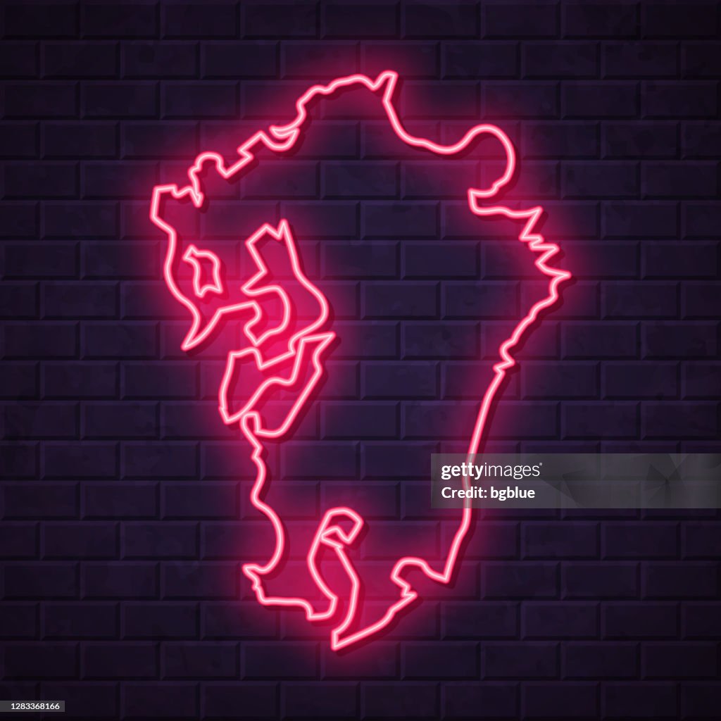 Kyushu map - Glowing neon sign on brick wall background