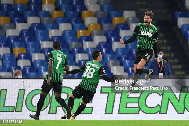 Manuel Locatelli of US Sassuolo celebrates after scoring the 0-1 goal during the Serie A match between SSC Napoli and US Sassuolo at Stadio San Paolo...