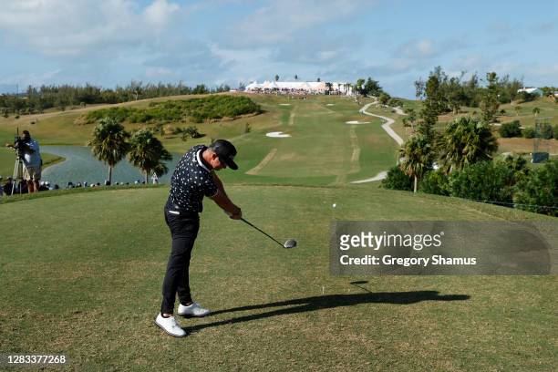 Brian Gay of the United States plays his shot from the 18th tee during the final round of the Bermuda Championship at Port Royal Golf Course on...