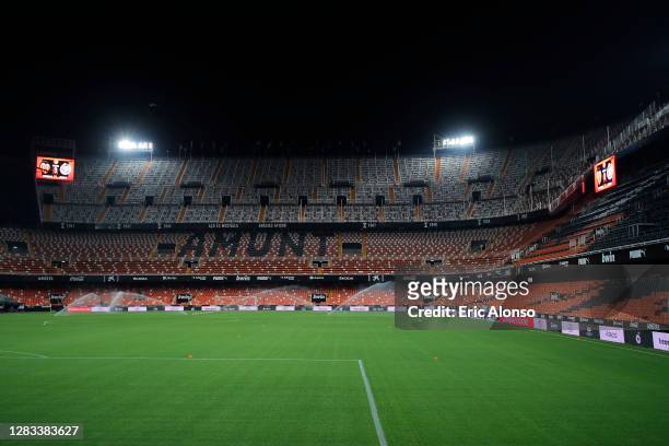 General view inside the stadium prior tog the La Liga Santander match between Valencia CF and Getafe CF at Estadio Mestalla on November 01, 2020 in...