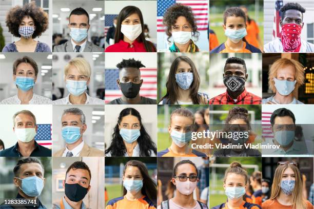 people of all ages and ethnicities wearing protective face masks - human face people grid stock pictures, royalty-free photos & images