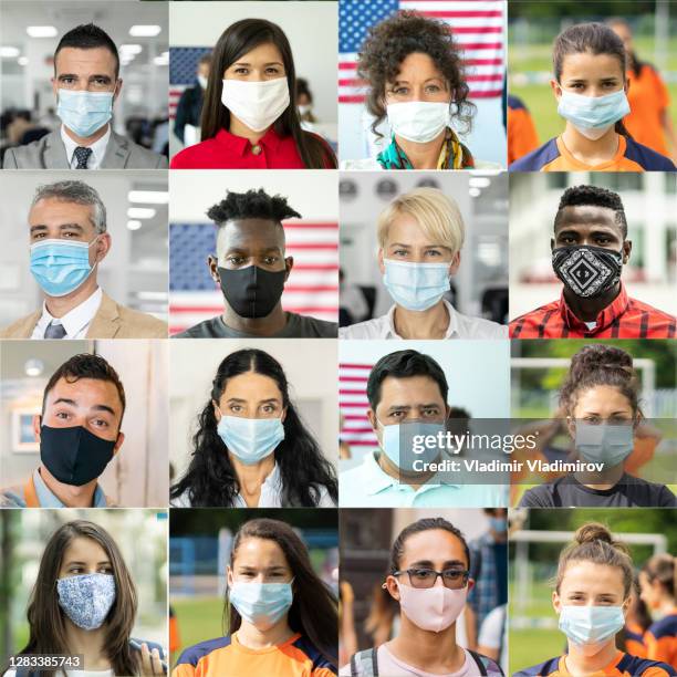 people of all ages and ethnicities wearing protective face masks - woman multiple image 40-45 stock pictures, royalty-free photos & images