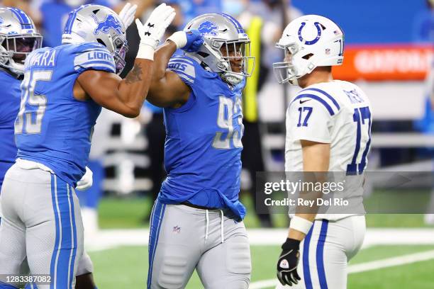 Da'Shawn Hand of the Detroit Lions celebrates after a tackle against the Indianapolis Colts during the first quarter at Ford Field on November 01,...