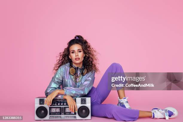 portrait of fancy crazy girl with cassette boom box enjoying music - girls boom box stock pictures, royalty-free photos & images