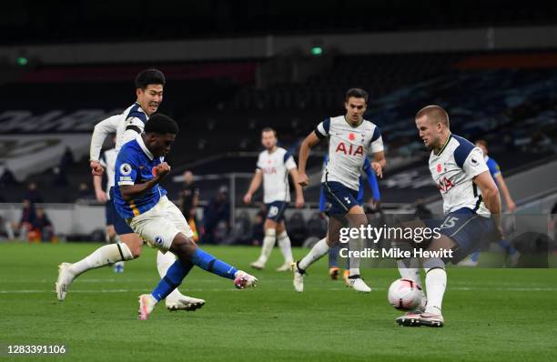 Tariq Lamptey of Brighton and Hove Albion scores his sides first goal during the Premier League match between Tottenham Hotspur and Brighton & Hove...