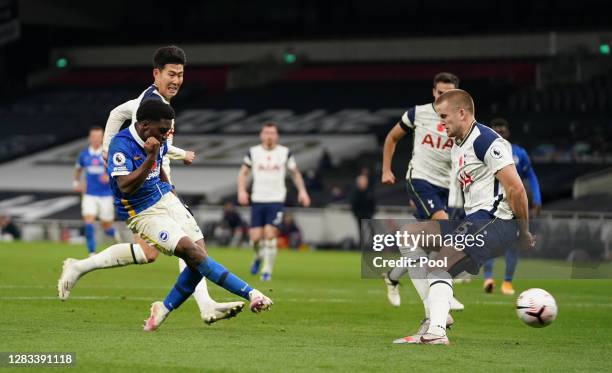 Tariq Lamptey of Brighton and Hove Albion scores his sides first goal during the Premier League match between Tottenham Hotspur and Brighton & Hove...