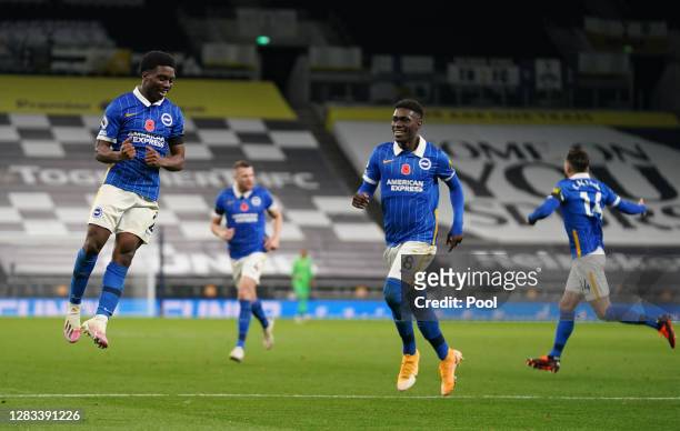 Tariq Lamptey of Brighton and Hove Albion celebrates after scoring his sides first goal during the Premier League match between Tottenham Hotspur and...