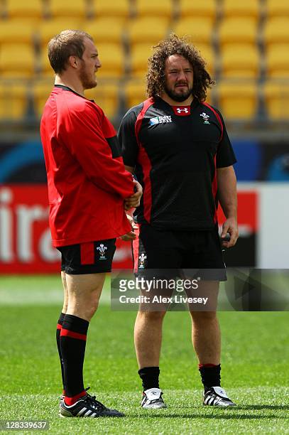 Props Gethin Jenkins and Adam Jones during a Wales IRB Rugby World Cup 2011 captain's run at Wellington Regional Stadium on October 7, 2011 in...
