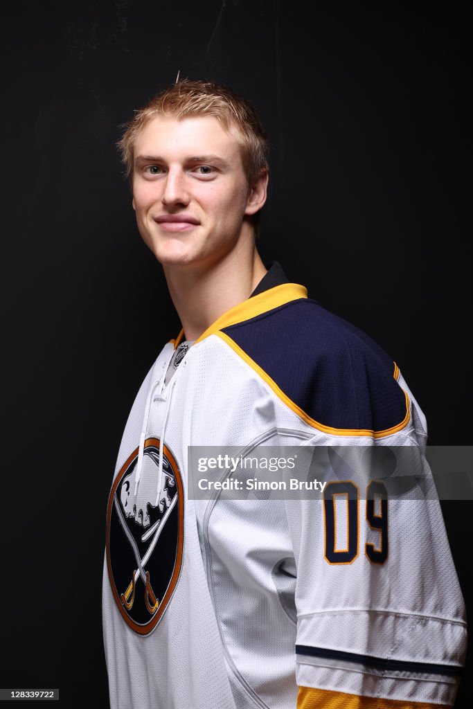Closeup portrait of Buffalo Sabres defenseman Tyler Myers during NHL Closeup portrait of Buffalo Sabres defenseman Tyler Myers during NHL