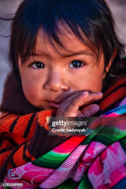 portrait of peruvian little boy carrying by his mother, the sacred valley, pisac - peruvian culture imagens e fotografias de stock