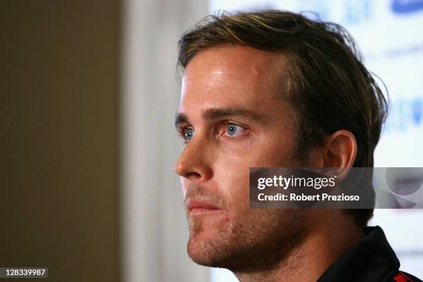 Essendon Bombers AFL player Andrew Welsh announces his retirement to media during a press conference at Windy Hill on October 7, 2011 in Melbourne,...