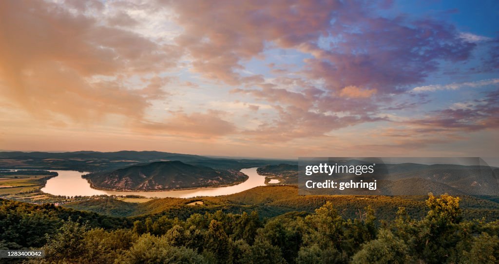 Sunset image of the beautiful Danube river curve, Pest county, Hungary