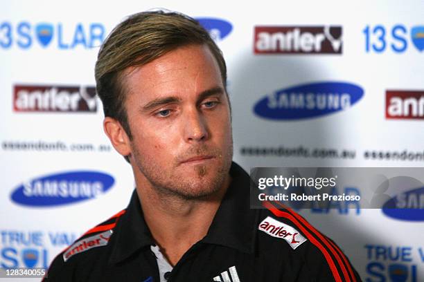 Essendon Bombers AFL player Andrew Welsh announces his retirement to media during a press conference at Windy Hill on October 7, 2011 in Melbourne,...